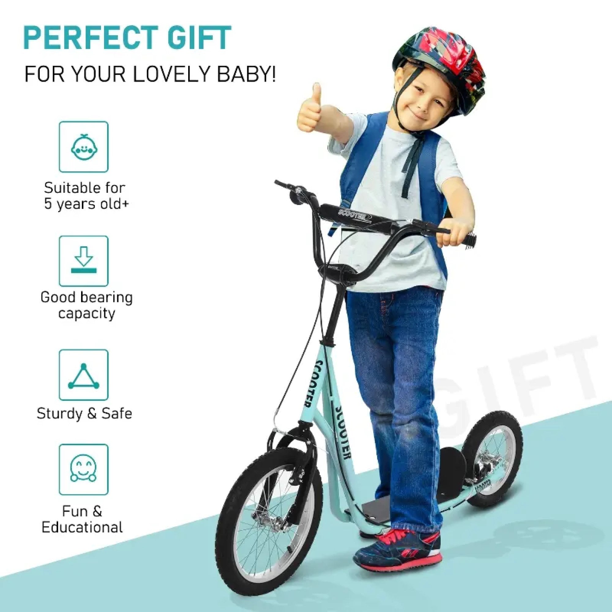 Youth Kick Scooter with Adjustable Handlebar, Dual Brakes & Inflatable Wheels