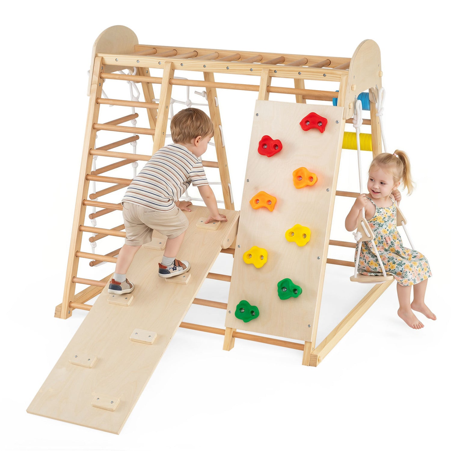 Wooden indoor jungle gym featuring educational abacus game