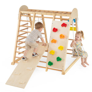 Wooden indoor jungle gym featuring educational abacus game