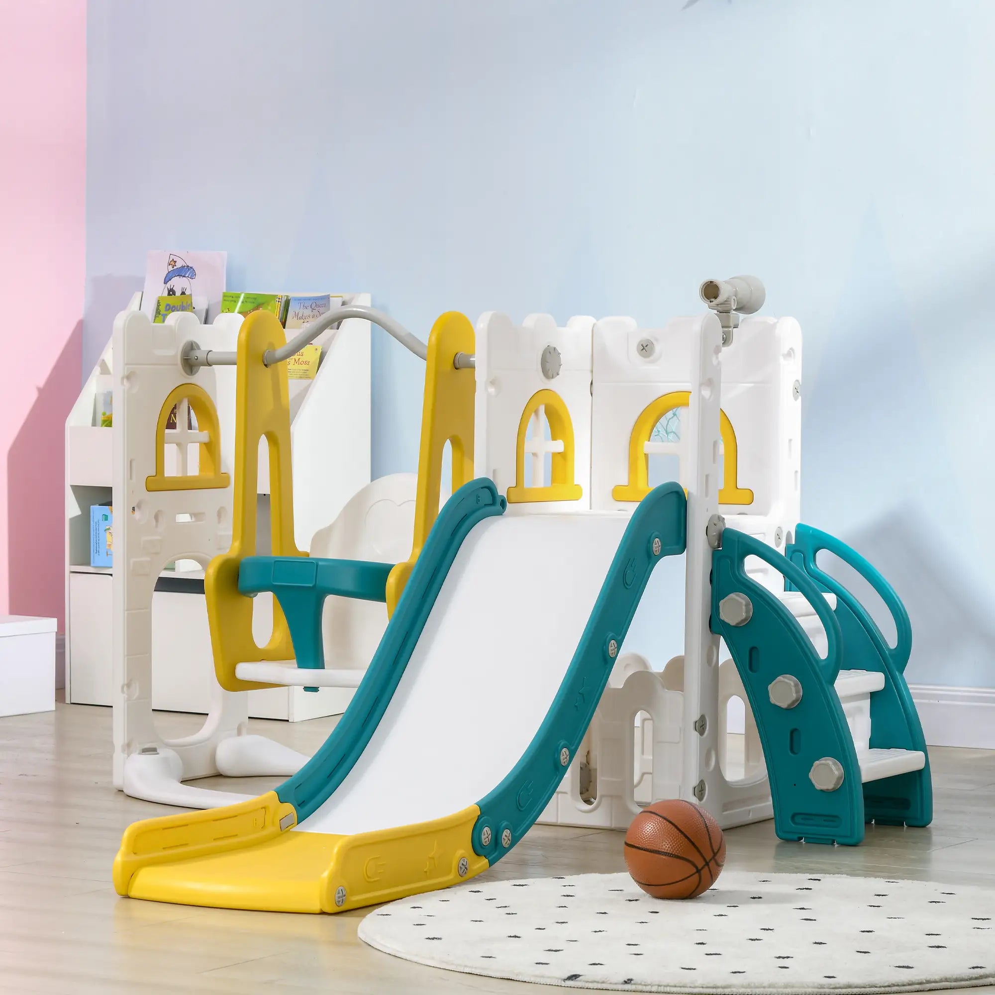 Children's playset with slide and basketball hoop in a room.