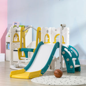 Children's playset with slide and basketball hoop in a room.