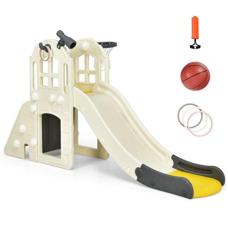 Children's playground slide with basketball, rings, and ball on a white background