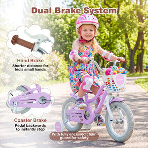 Child riding a bicycle with dual brake system features highlighted