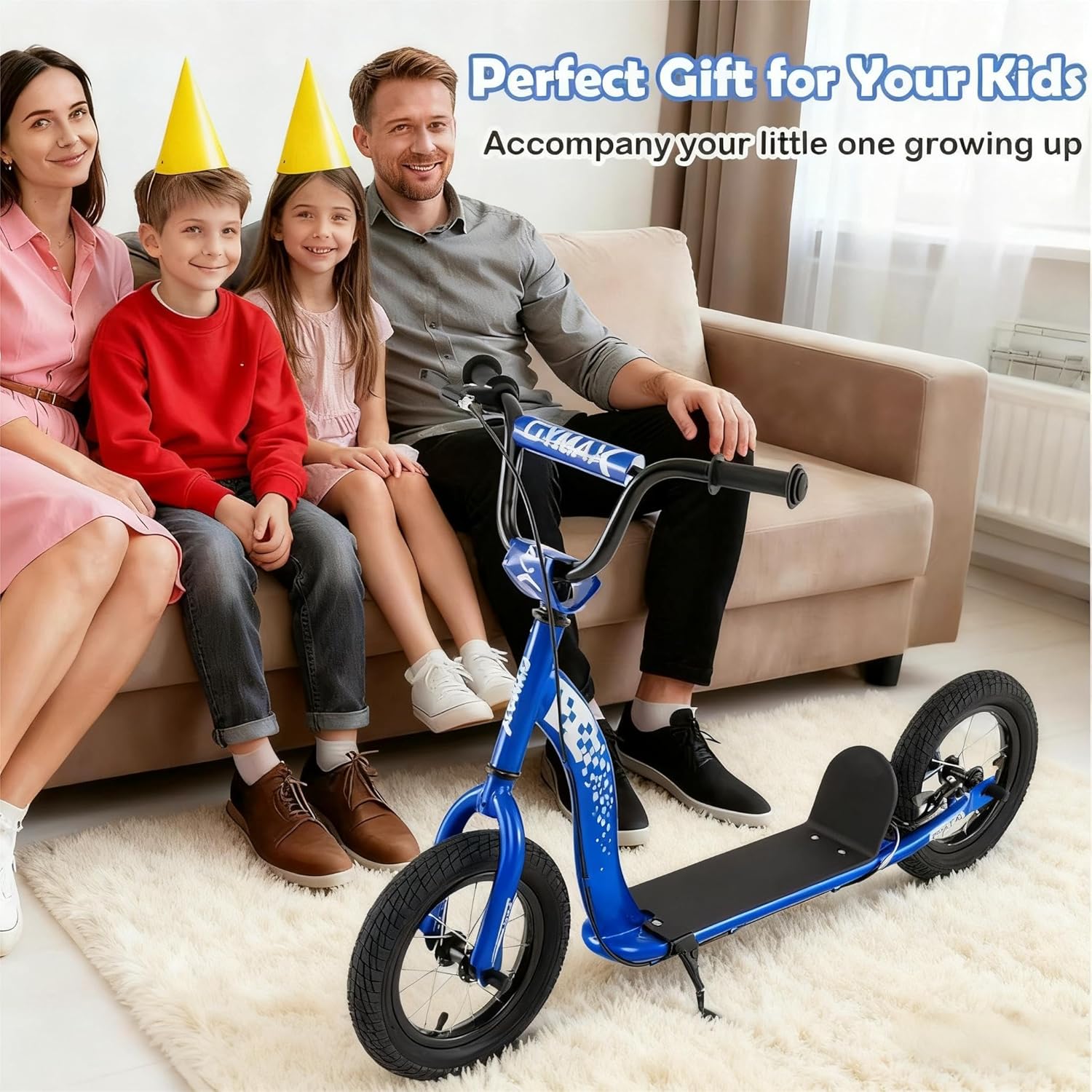 Family sitting on a couch with a blue scooter in front of them, text 'Perfect Gift for Your Kids Accompany your little one growing up'.