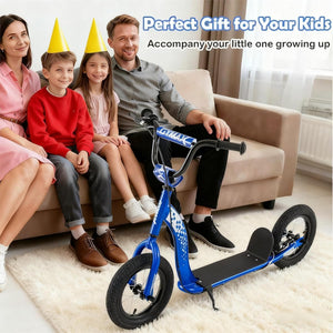 Family sitting on a couch with a blue scooter in front of them, text 'Perfect Gift for Your Kids Accompany your little one growing up'.