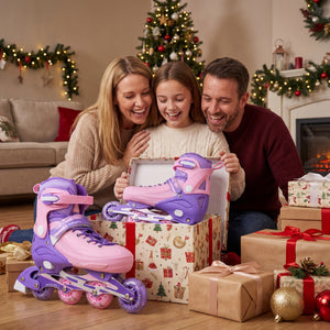 Family opening a gift box with pink and purple roller skates in a festive living room.