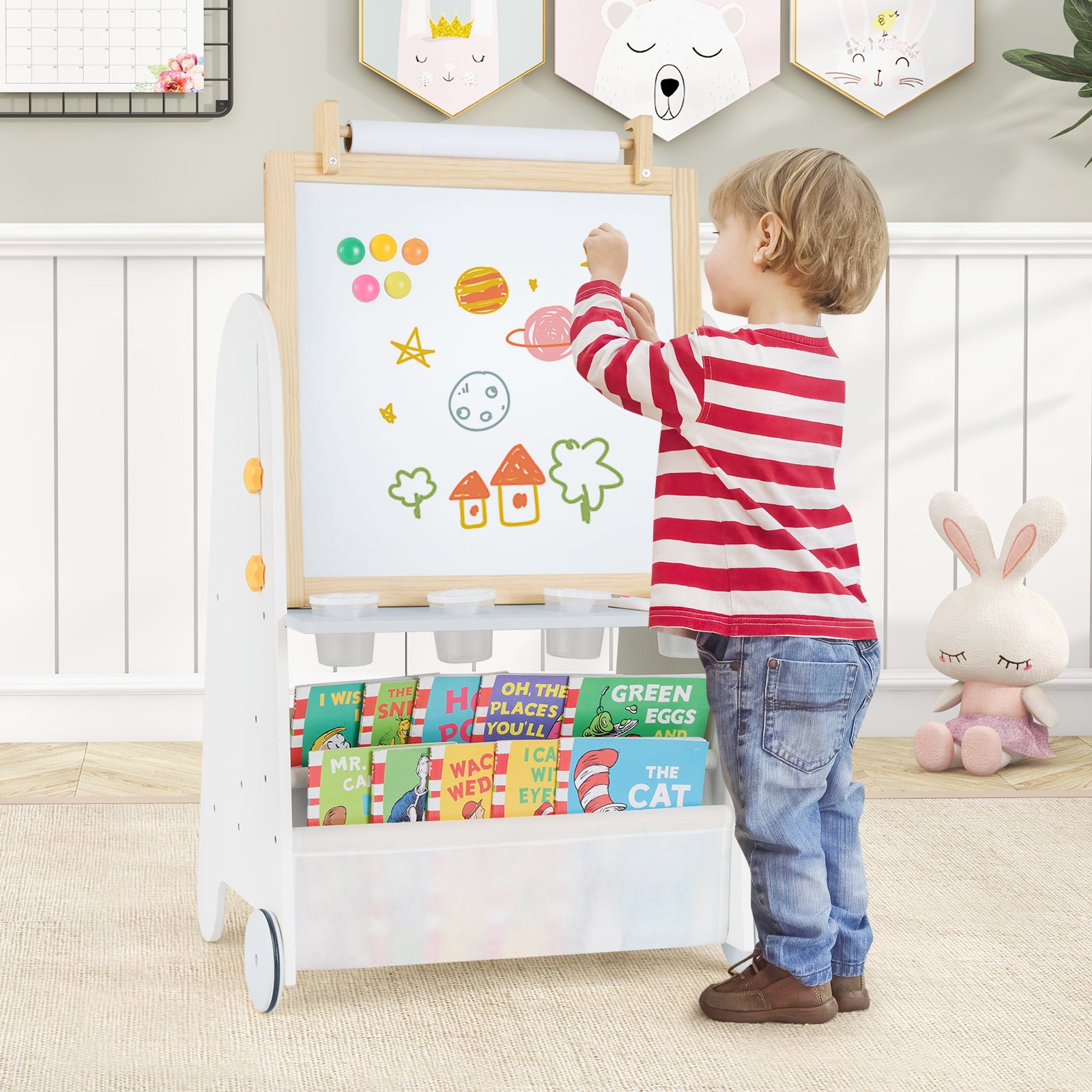 Adjustable kids art easel with magnetic whiteboard and chalkboard