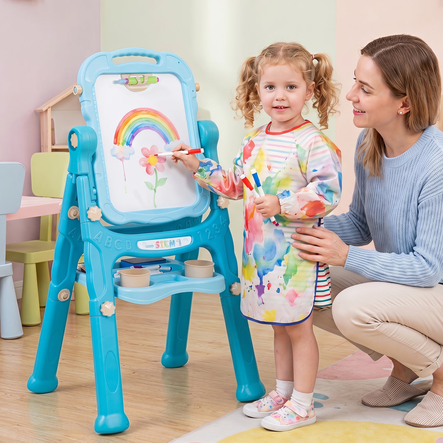 Adjustable height kids art easel with whiteboard and chalkboard3