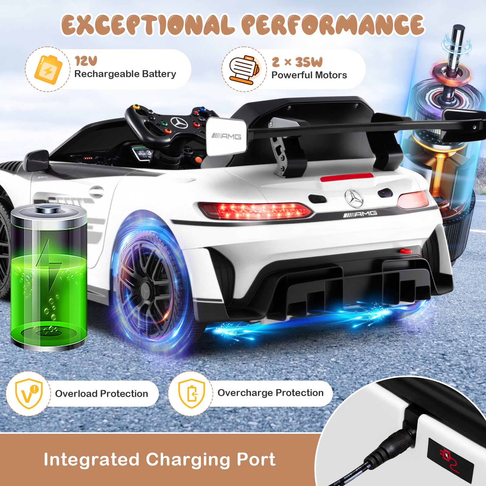 Toy car with charging port and battery indicators on a blue background