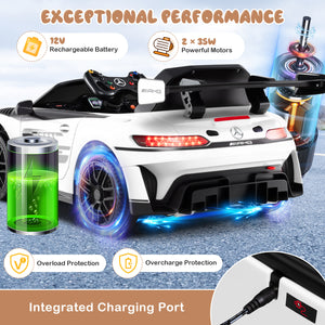 Toy car with charging port and battery indicators on a blue background