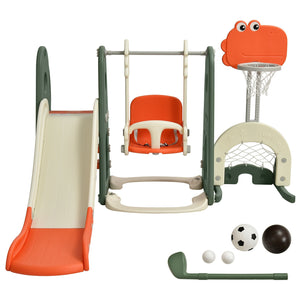 Children's playground set with slide, swing, basketball hoop, and sports equipment on a white background