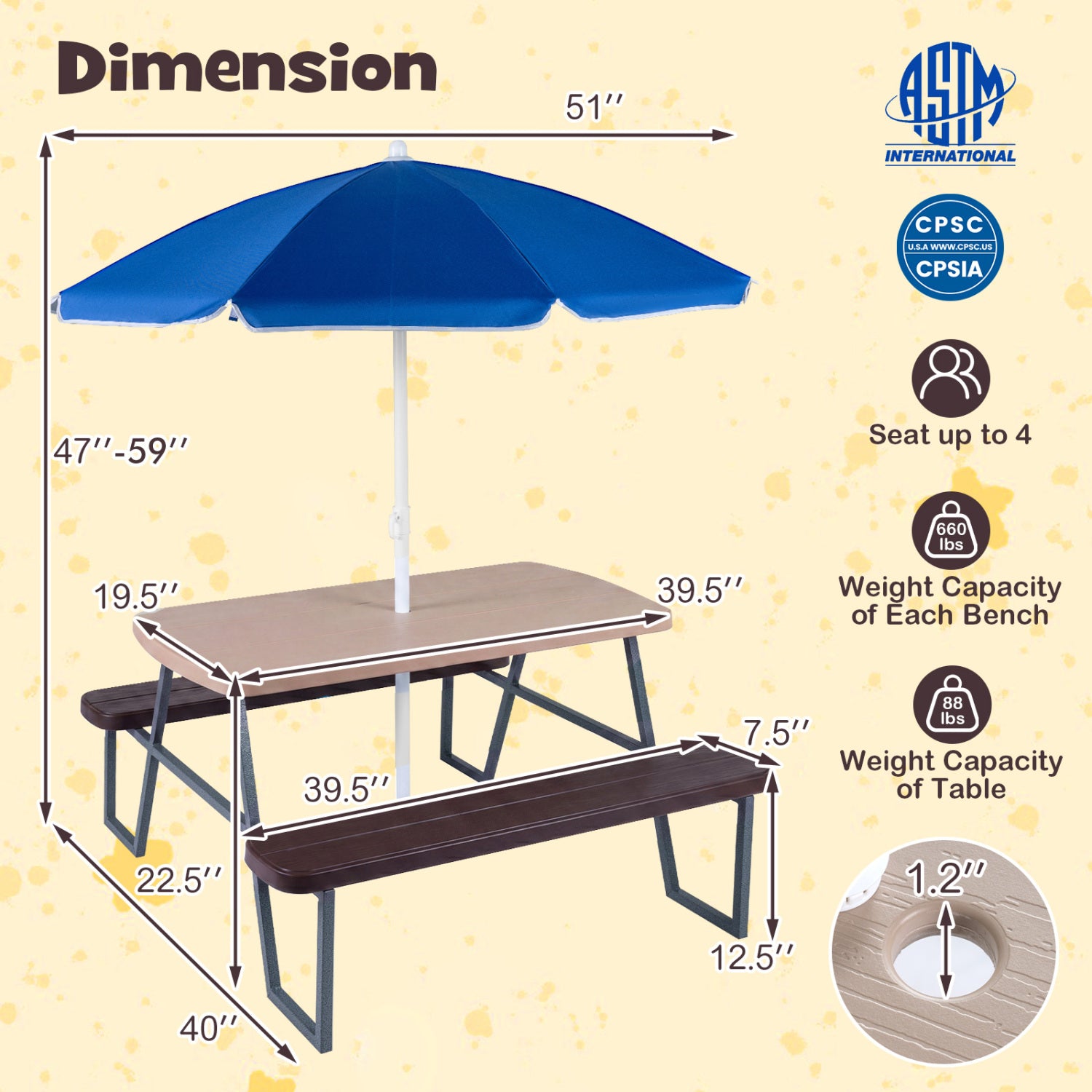 Picnic table with blue umbrella and dimensions on a yellow background