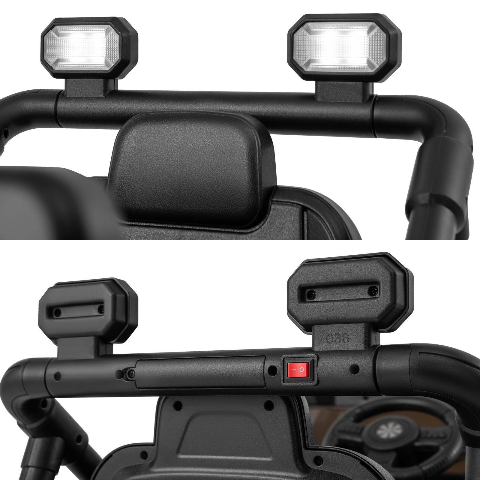 Close-up of a black handlebar with lights and control buttons on a vehicle.