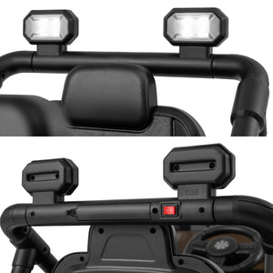 Close-up of a black handlebar with lights and control buttons on a vehicle.