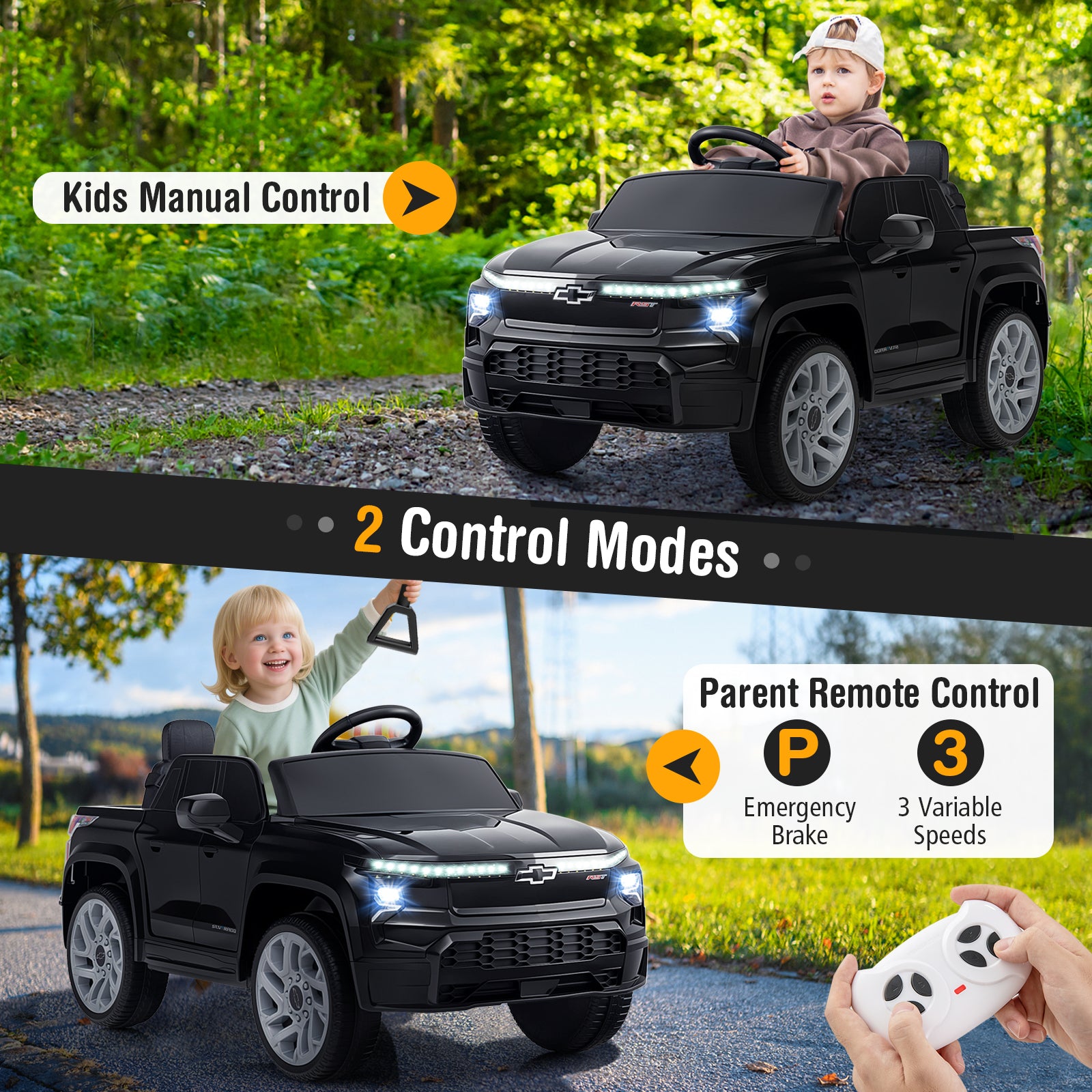 Black toy truck with kids manual control and parent remote control features, outdoors.