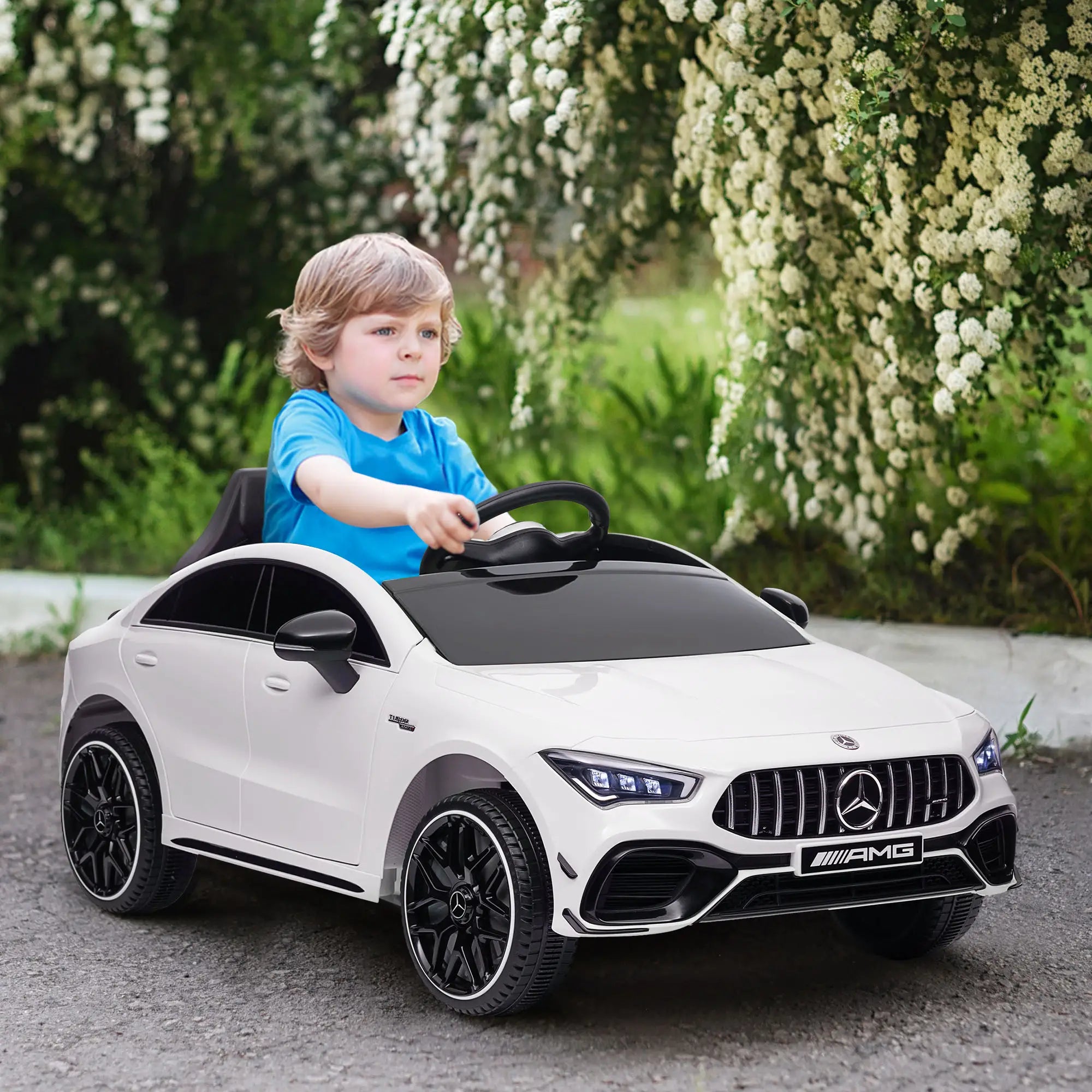 Open-door view of Mercedes AMG CLA45 kids ride-on car.