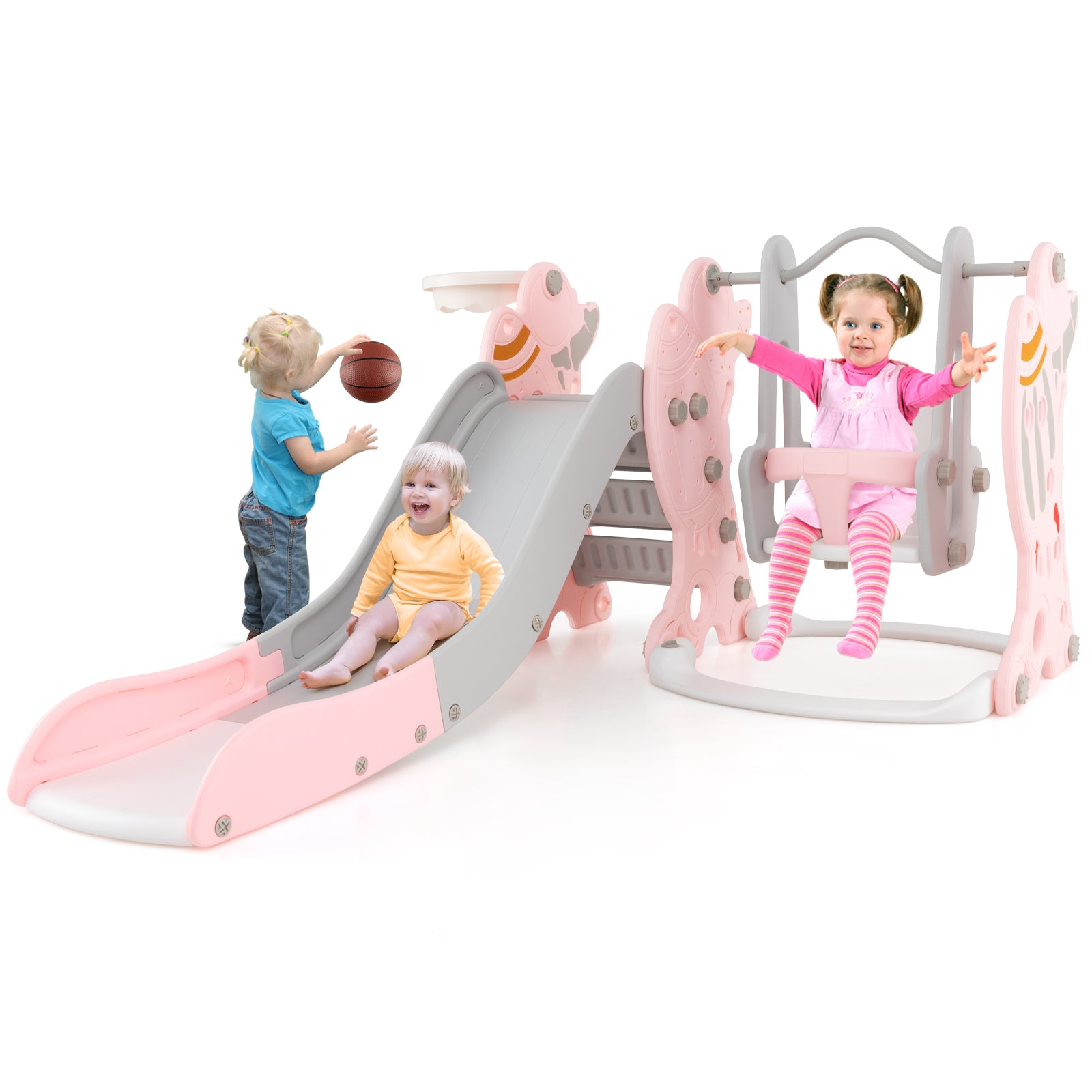 Children's play set with slide and swing on a white background