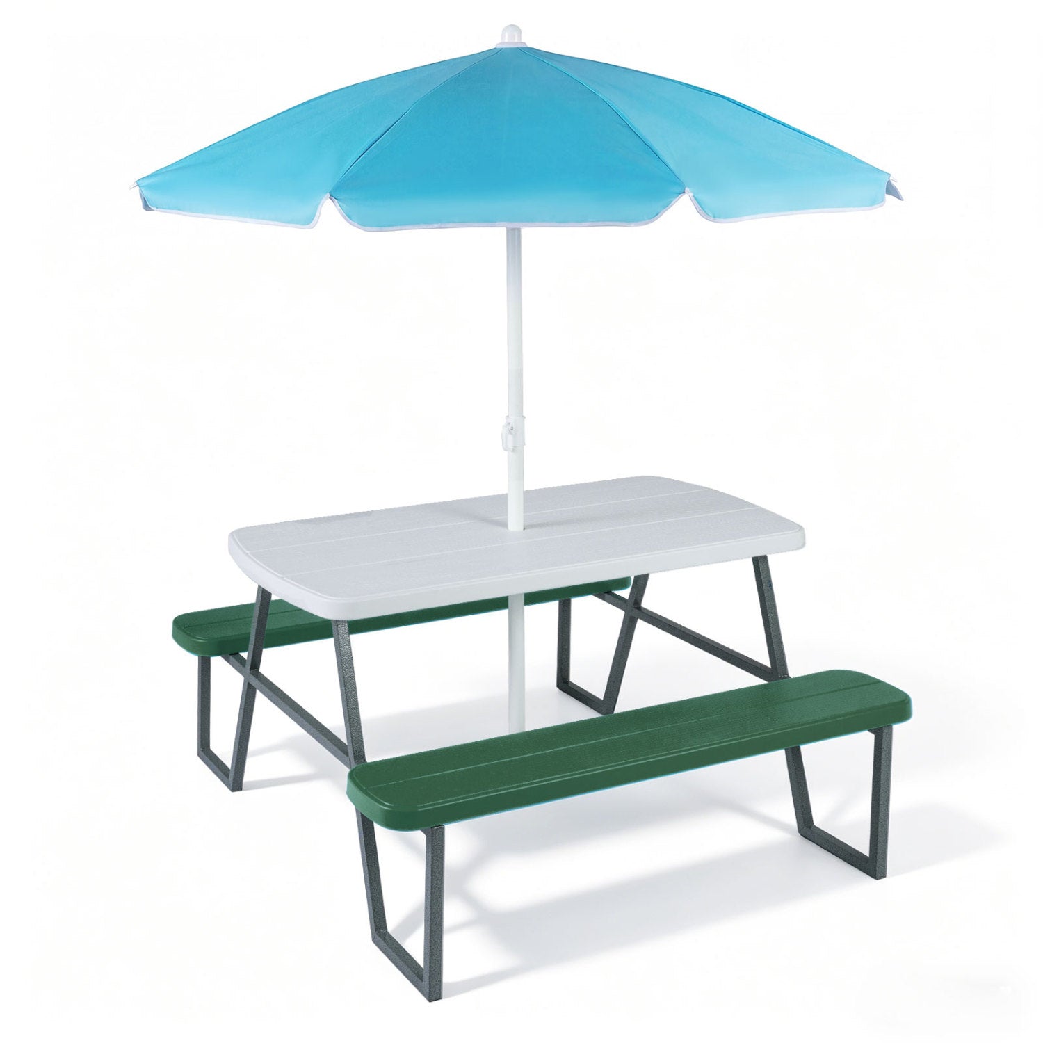 Picnic table with green benches and a blue umbrella on a white background