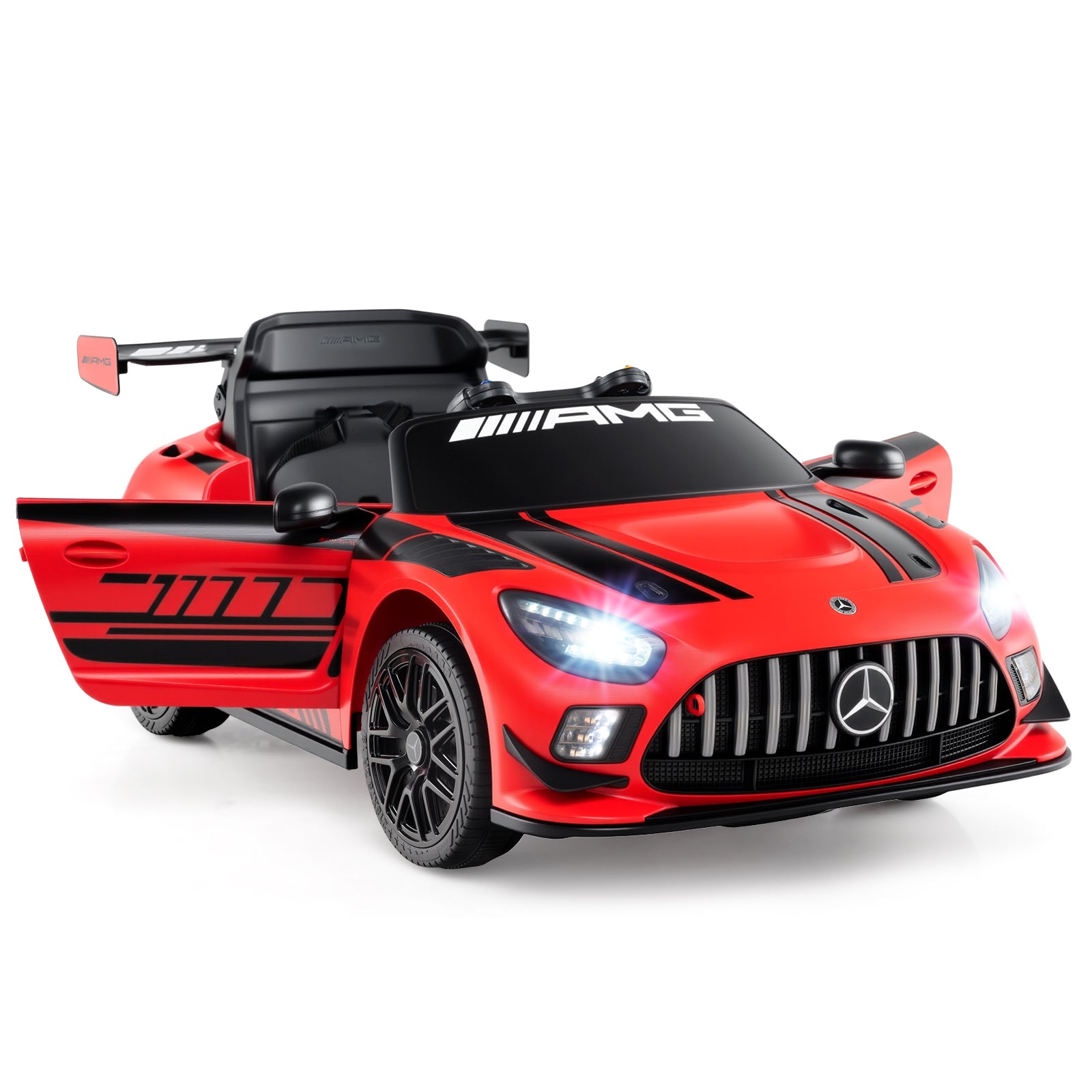 Red toy car with Mercedes-Benz logo on a white background