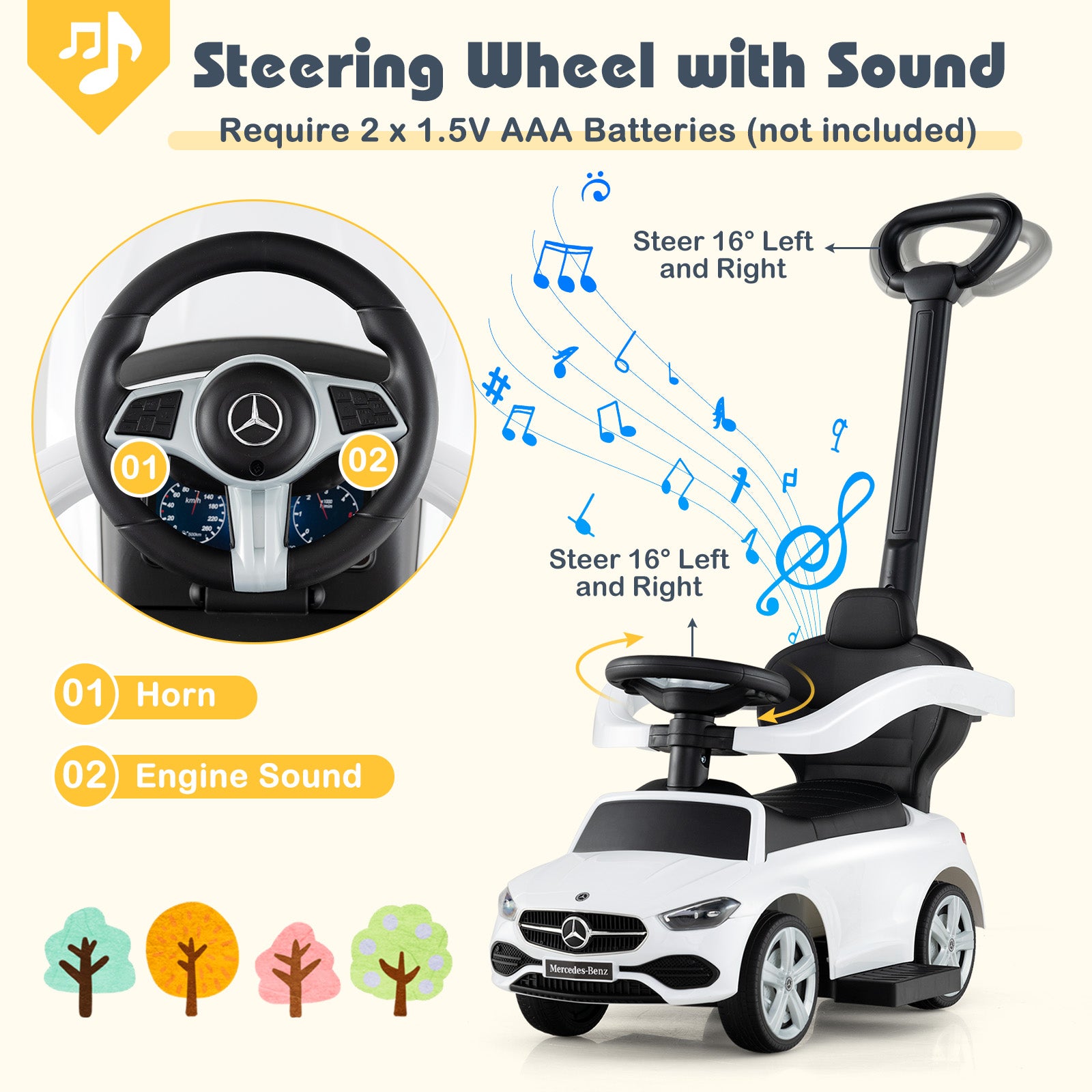 Toy car with steering wheel and sound features, including Mercedes-Benz logo.