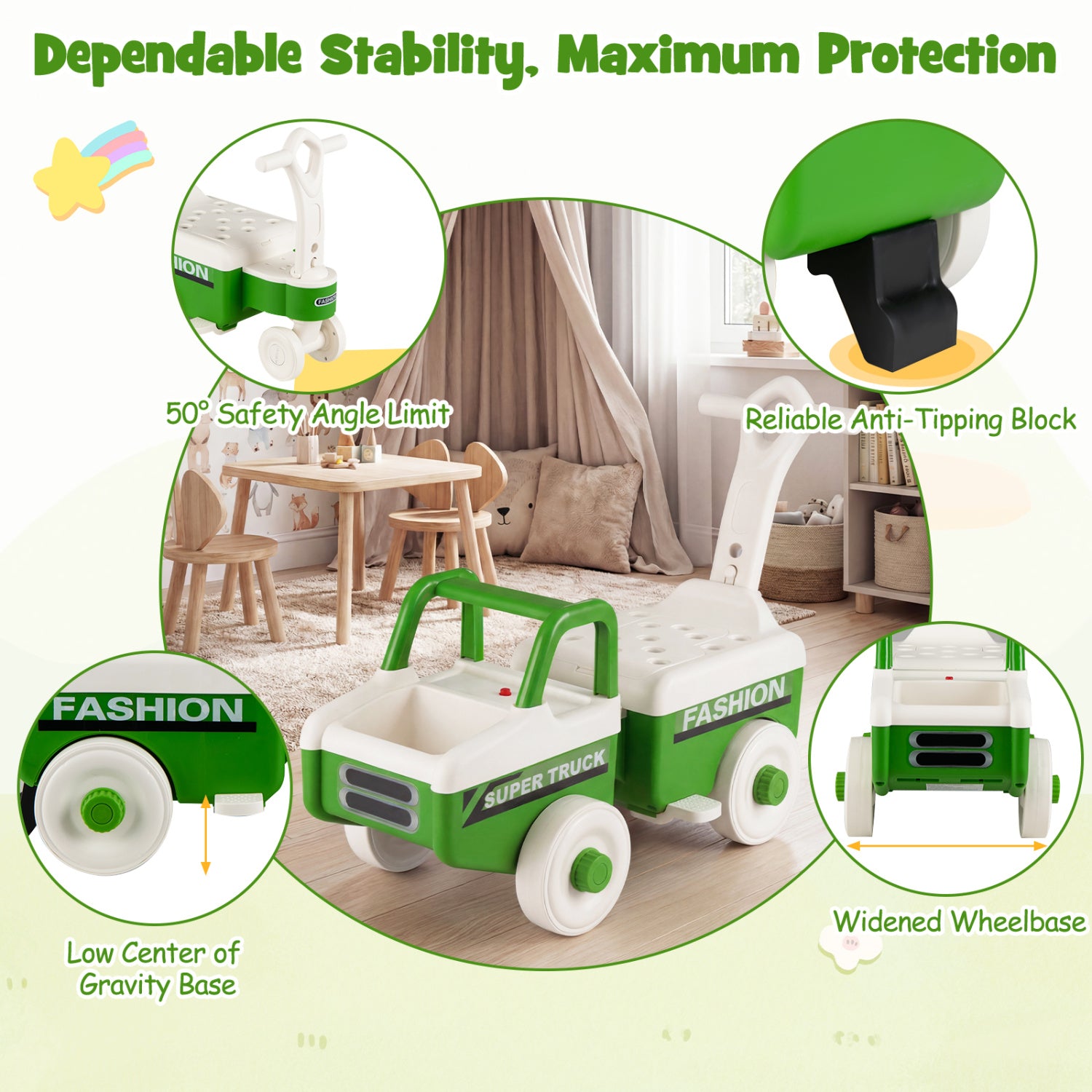 Children's toy truck with safety features highlighted on a light green background