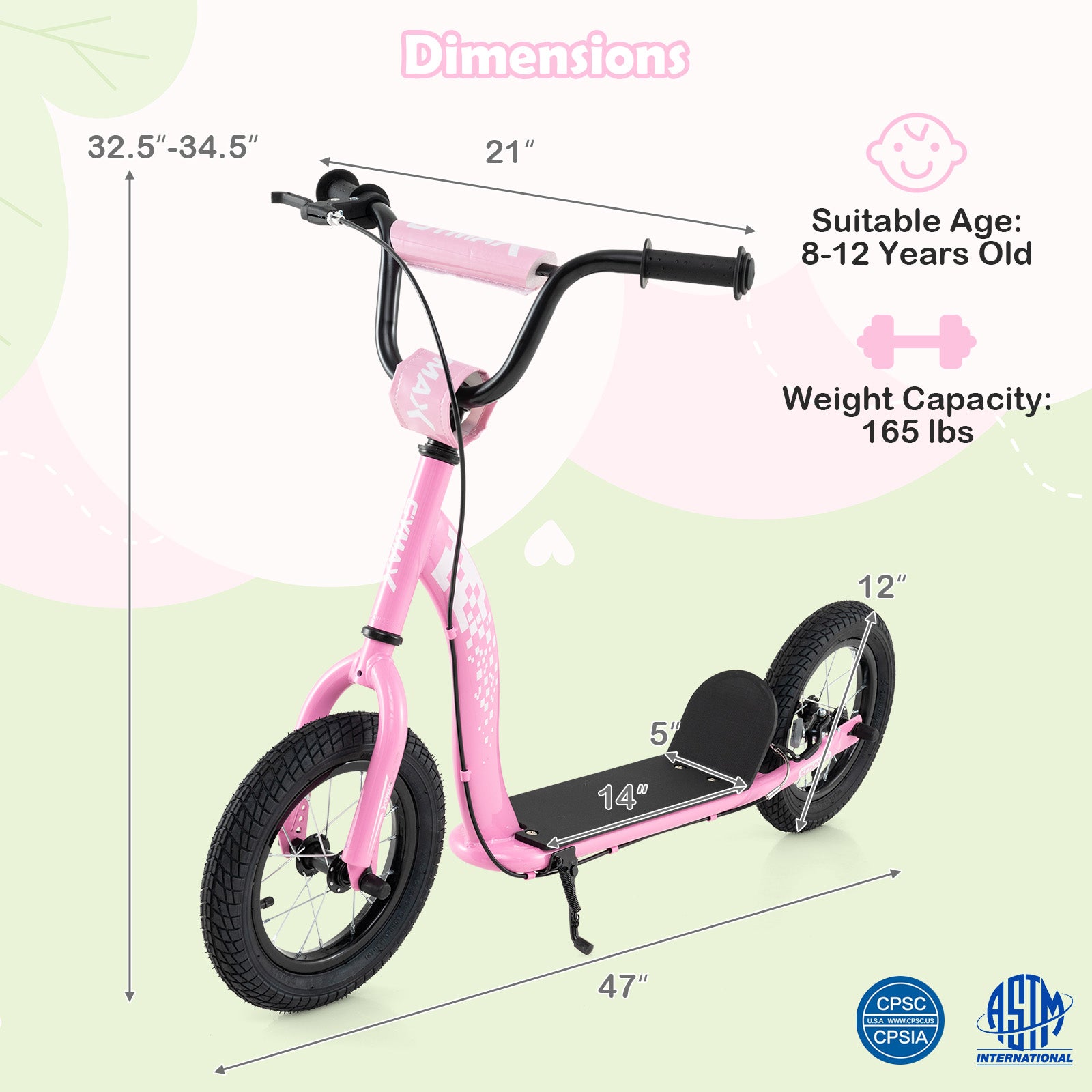 Pink balance scooter with dimensions and suitability details on a light green background
