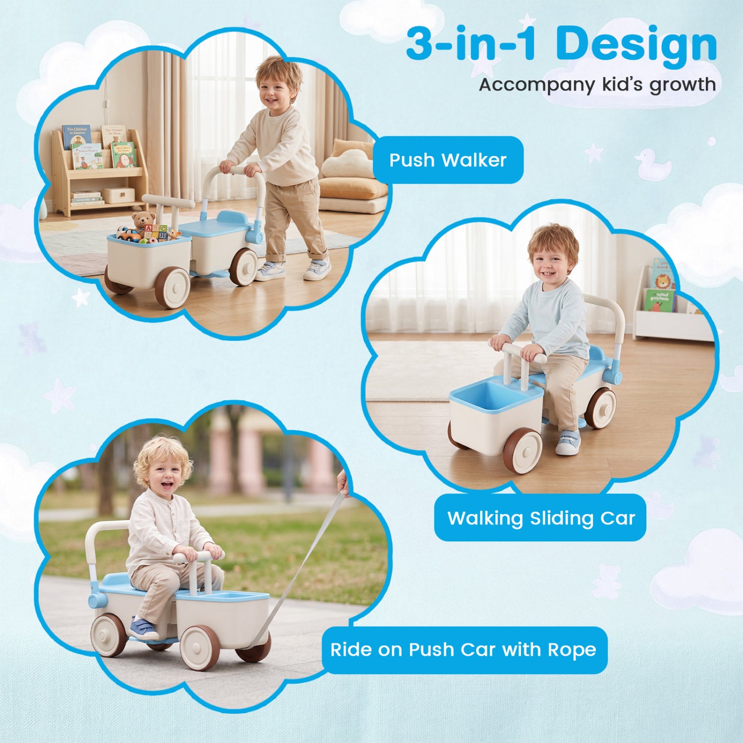 Three different uses of a children's toy push walker on a light blue background.