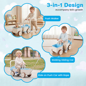 Three different uses of a children's toy push walker on a light blue background.