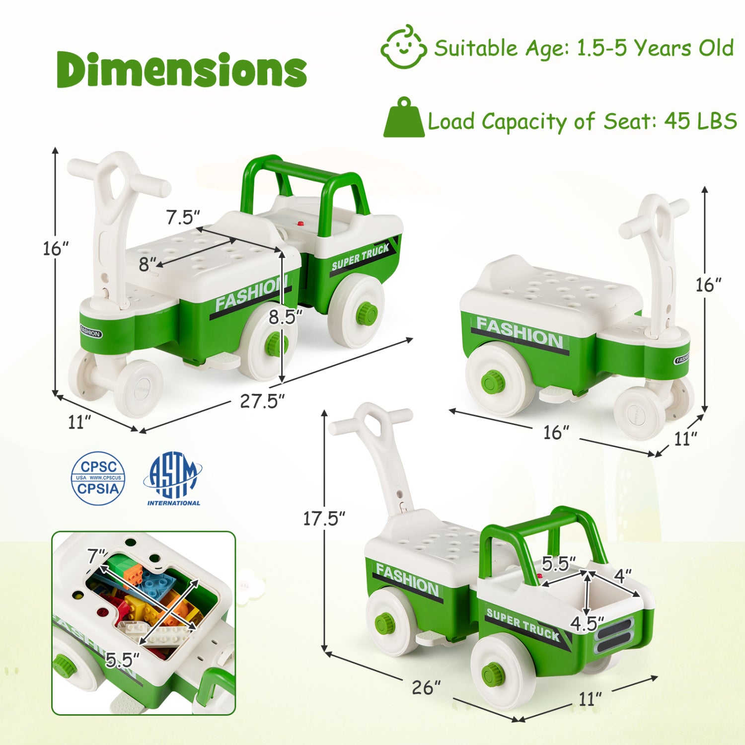 Dimensions and specifications of a green and white toy fashion truck with a trailer on a light beige background.