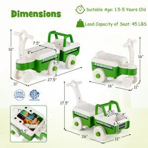 Dimensions and specifications of a green and white toy fashion truck with a trailer on a light beige background.