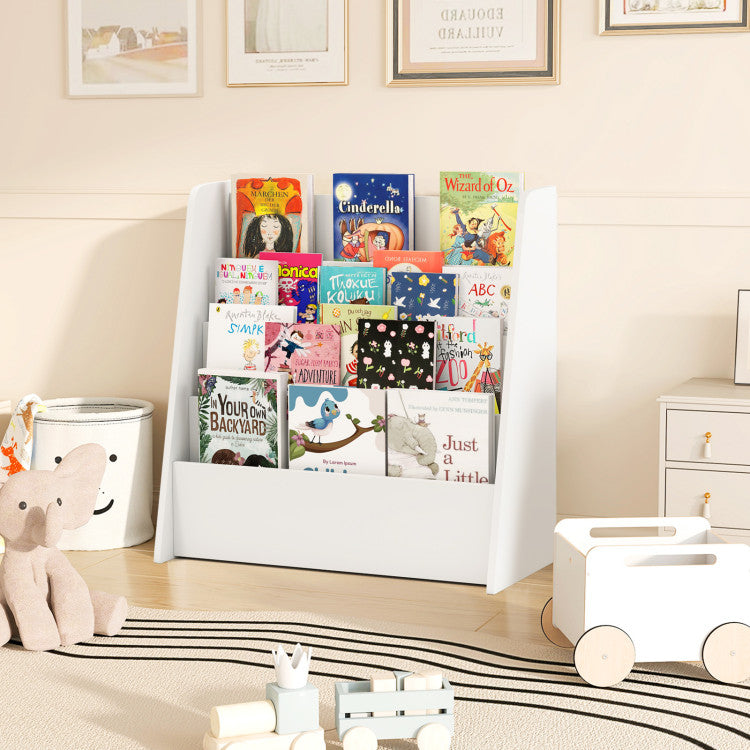 Baby nursery with a 4-tier bookshelf used for baby storage.