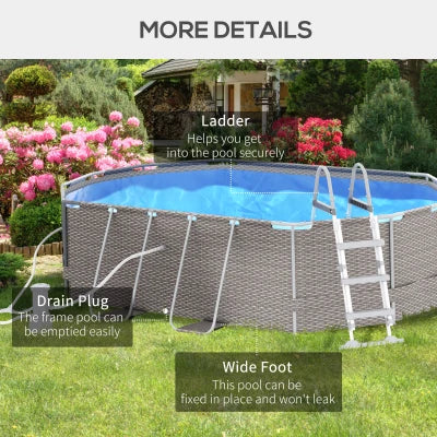 Backyard above ground pool with family swimming