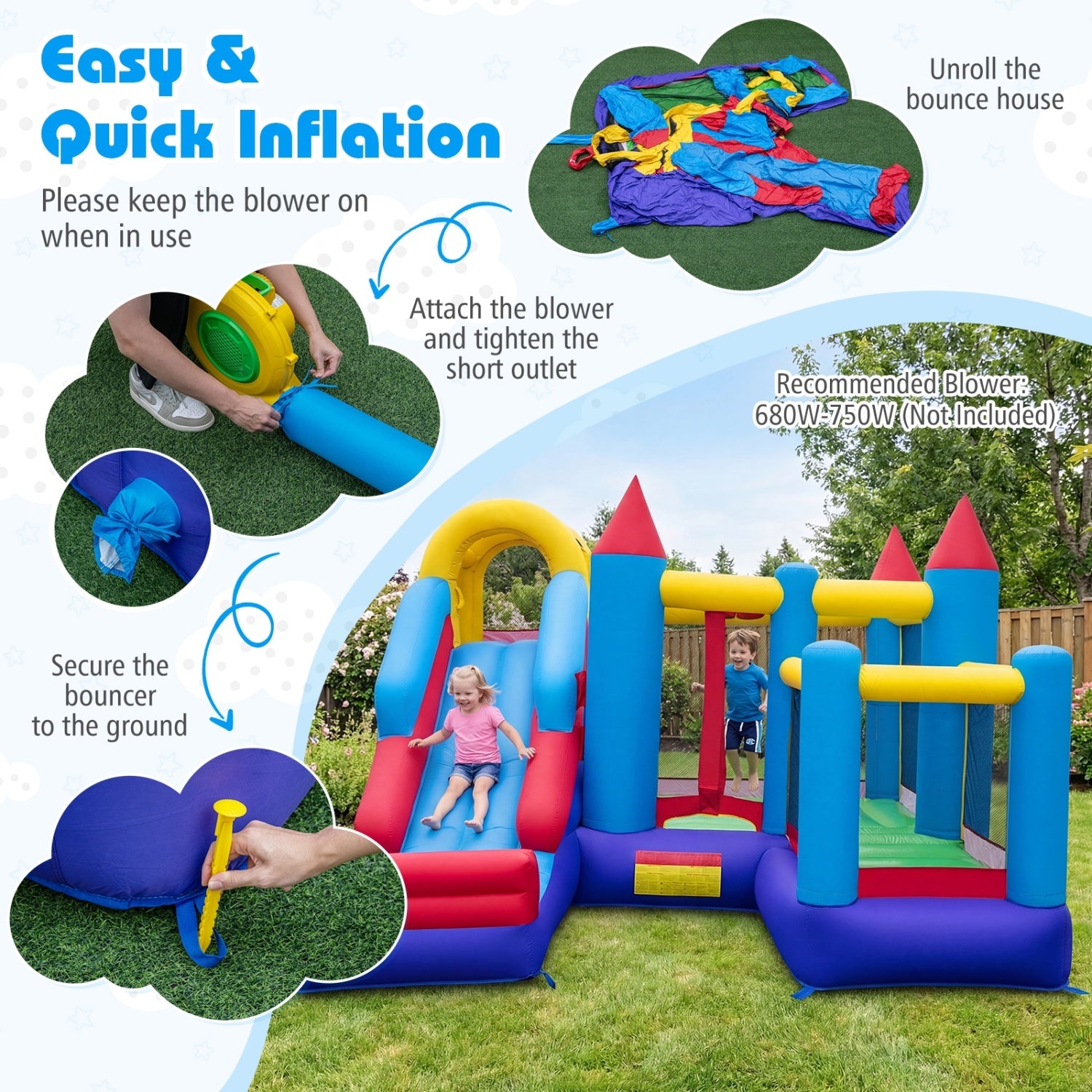Inflatable children's playhouse with easy inflation instructions and a recommended blower.