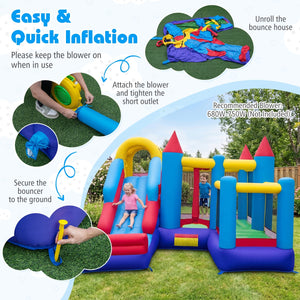 Inflatable children's playhouse with easy inflation instructions and a recommended blower.