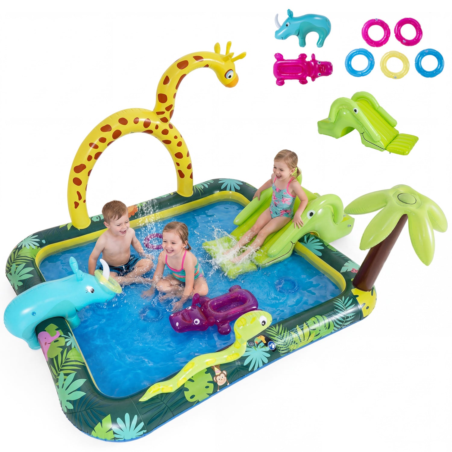 Children playing in an inflatable pool with animal-themed accessories on a white background