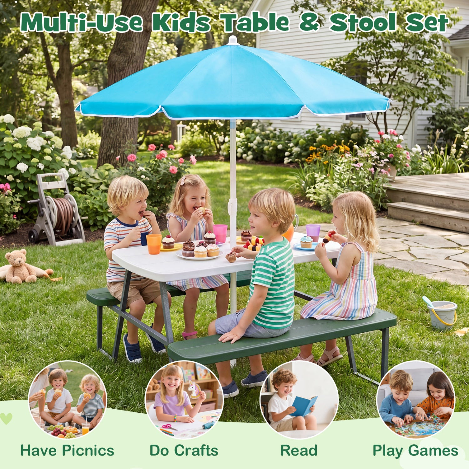 Children sitting at a kids table and stool set with a blue umbrella in a garden.