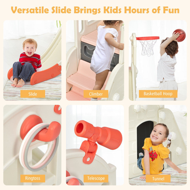 A 6-panel promotional collage for a children's versatile plastic slide toy. The top text reads 'Versatile Slide Brings Kids Hours of Fun.