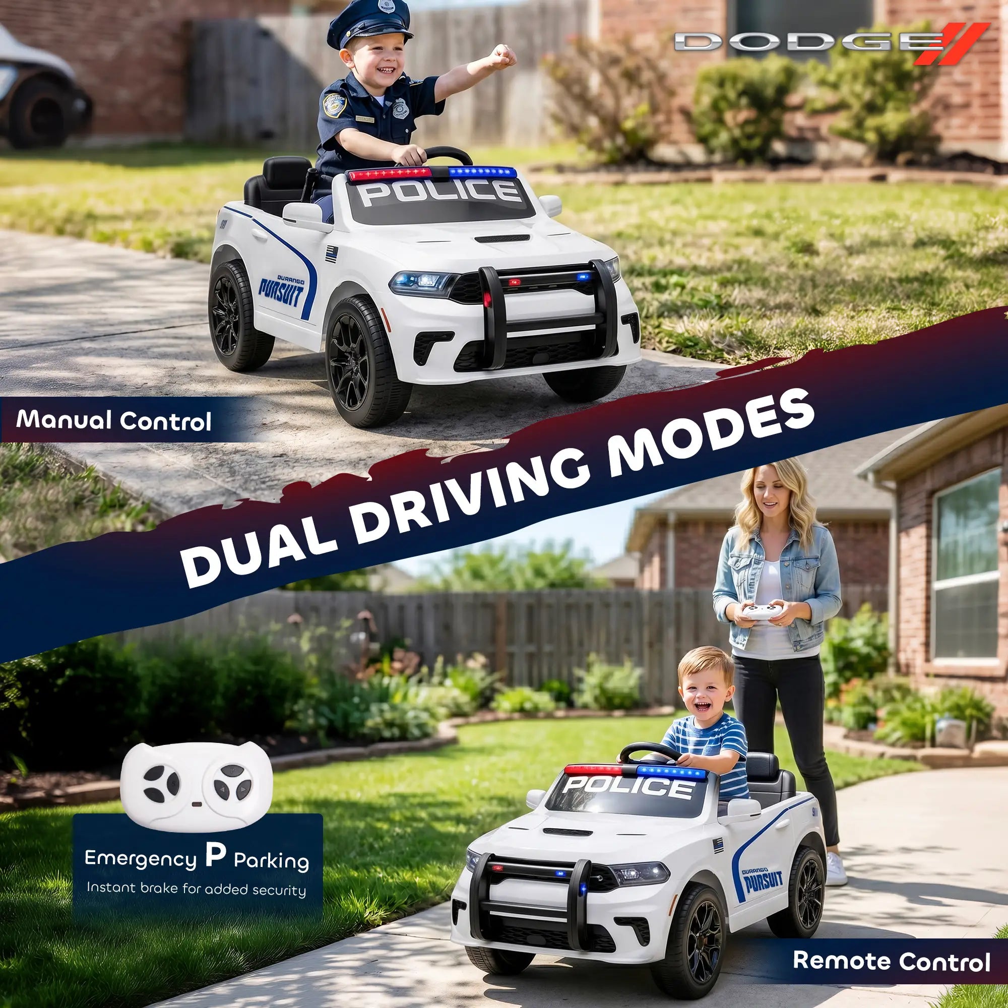 A children's police-themed ride-on toy car shown in two outdoor driveway scenes, with a child driving it and a woman holding a remote. The product is white with blue and red accents, black wheels, and 'POLICE' text on the hood and side.