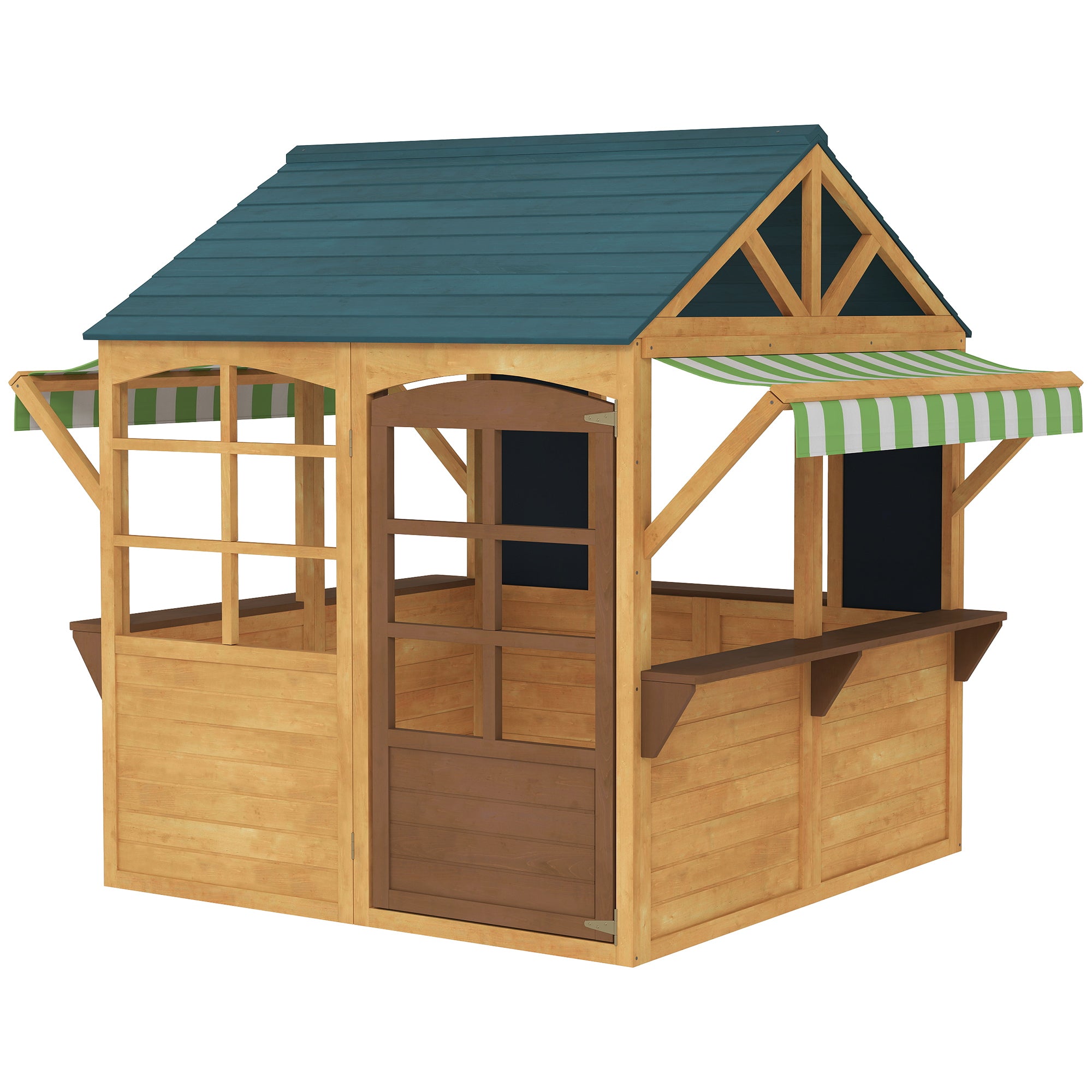 Backyard playhouse with windows and blackboards