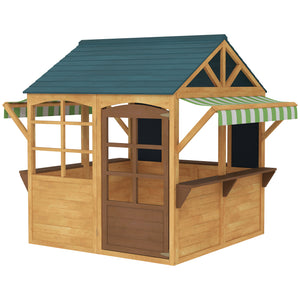 Backyard playhouse with windows and blackboards
