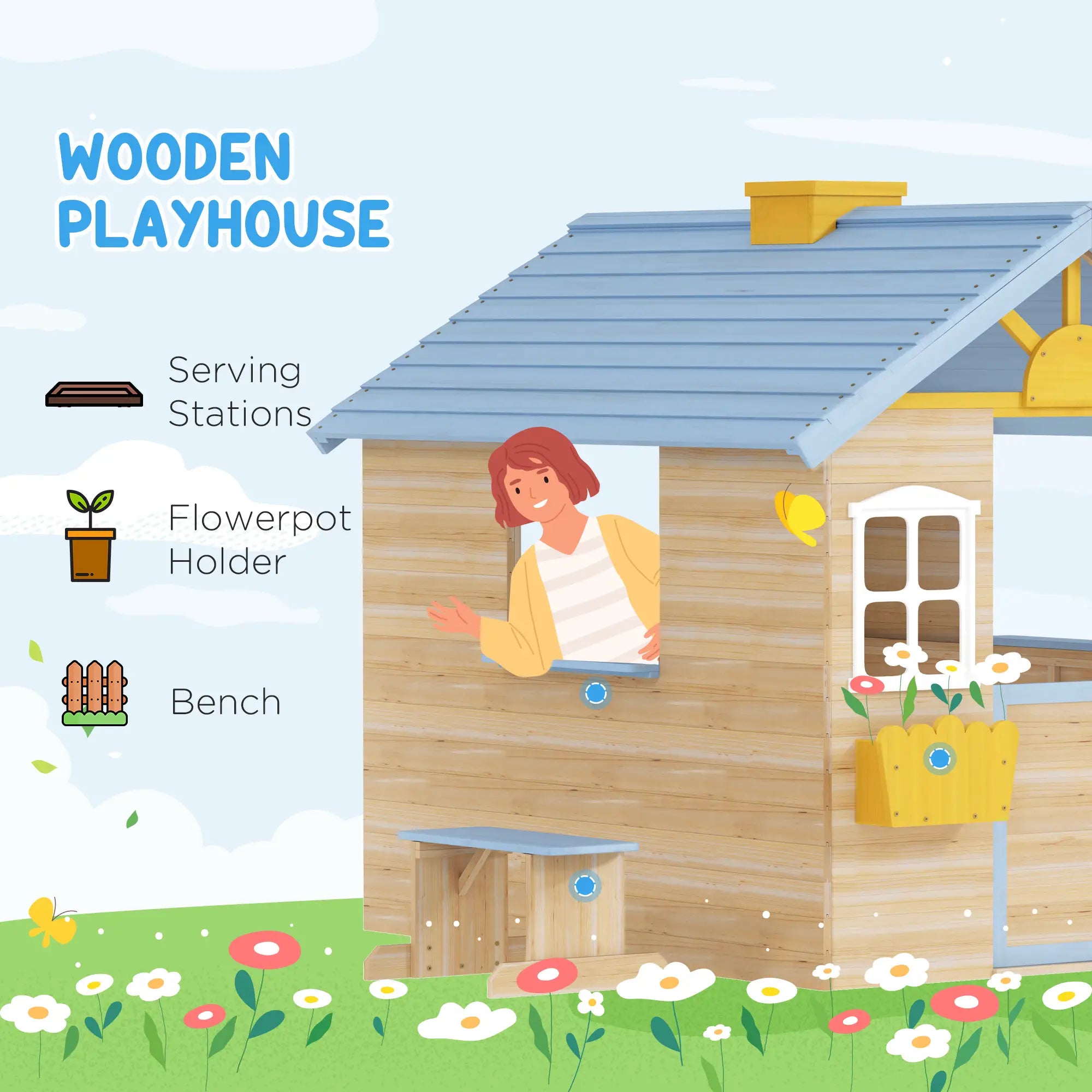 Backyard wooden playhouse with service station