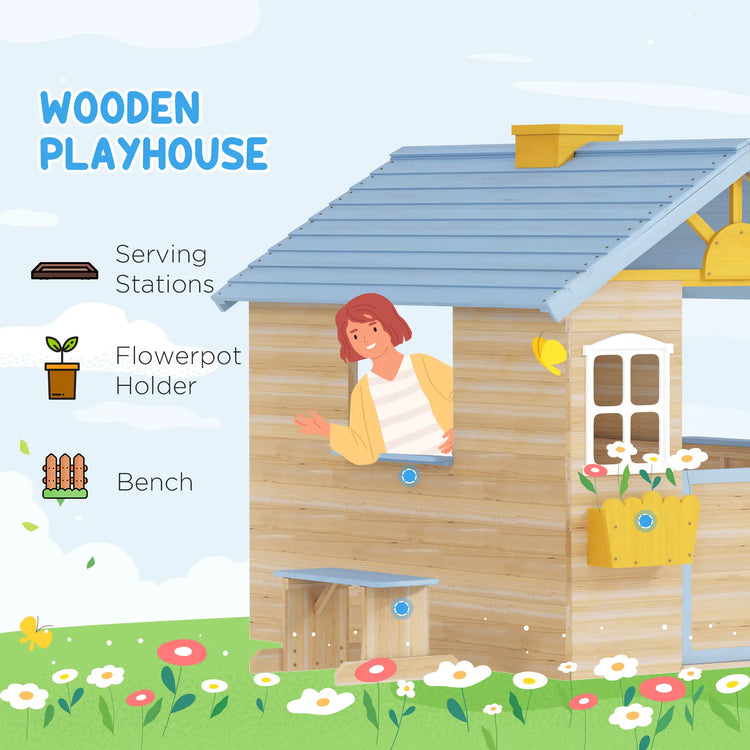Backyard wooden playhouse with service station
