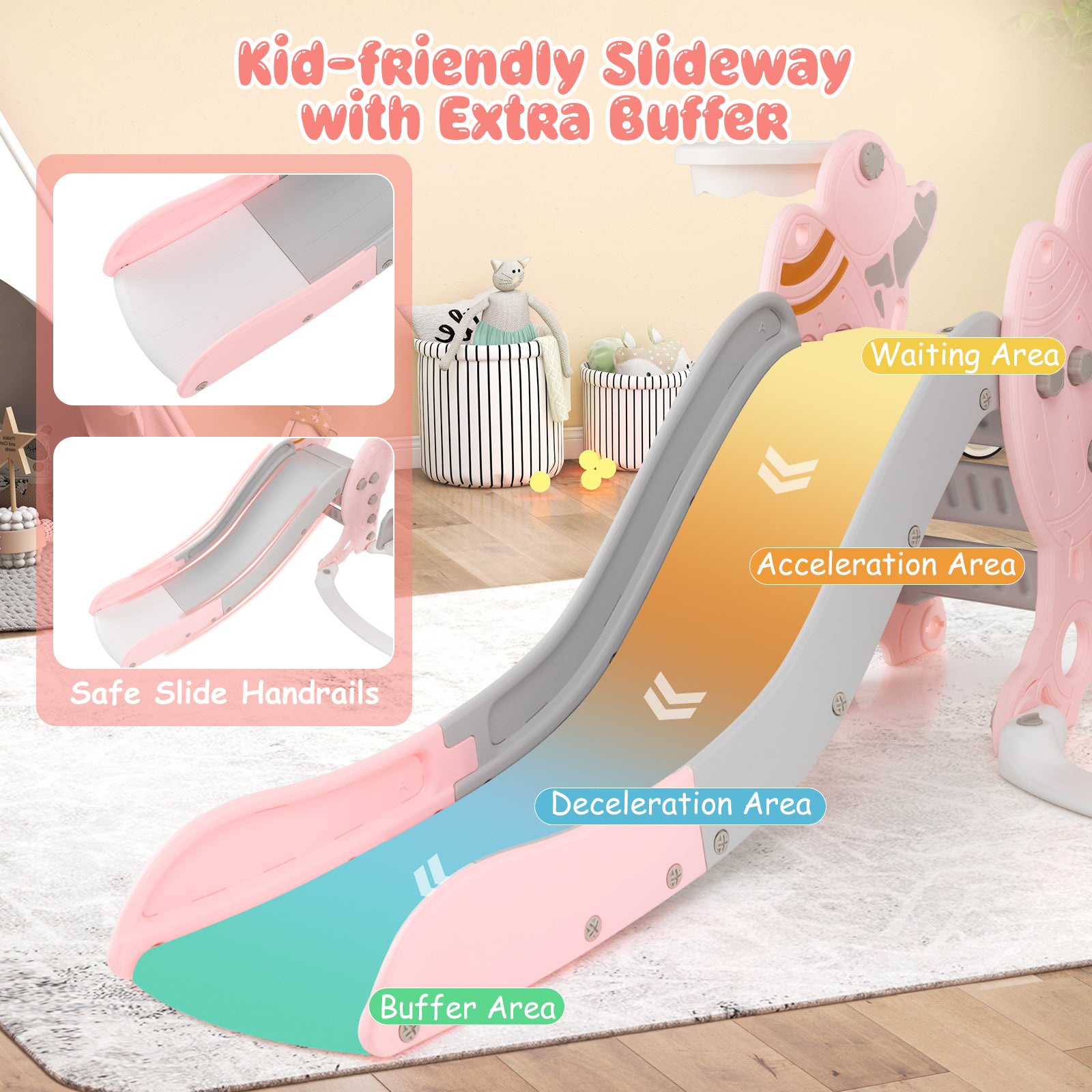 Children's slide with labeled areas on a wooden floor.