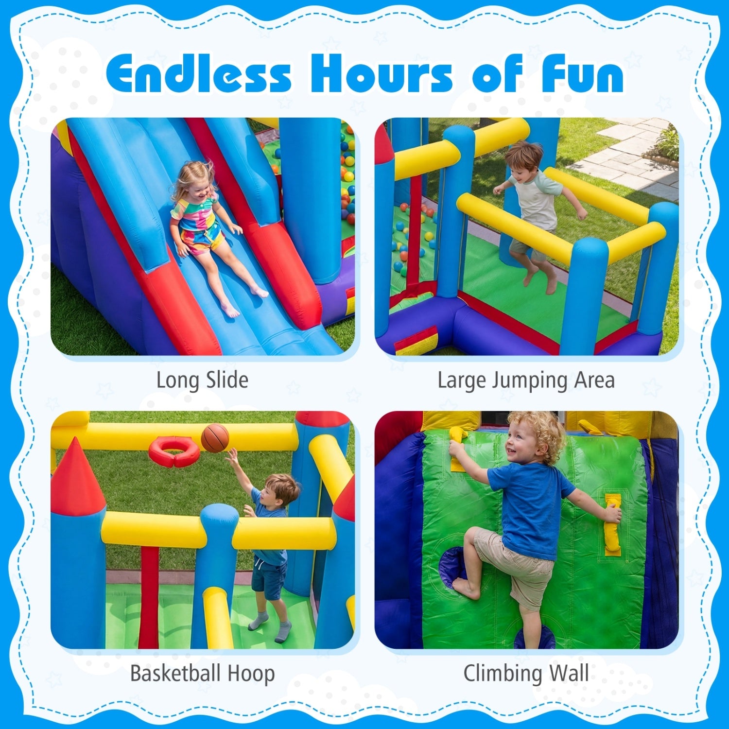 Children playing on a colorful inflatable playground with slides, jumping area, basketball hoop, and climbing wall.