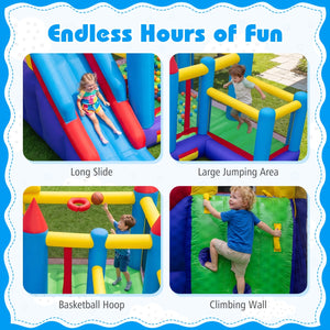 Children playing on a colorful inflatable playground with slides, jumping area, basketball hoop, and climbing wall.