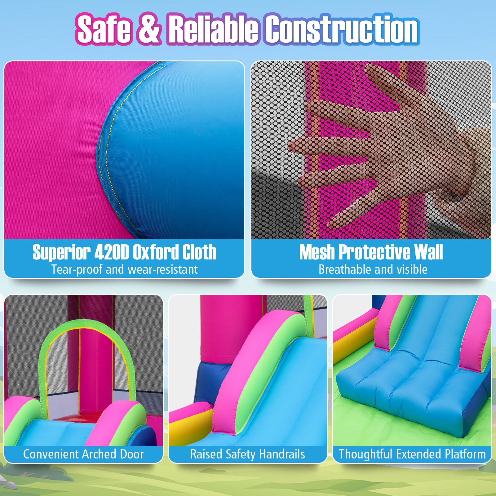 Collage of features of a colorful inflatable playground structure with text highlighting safety and reliability.