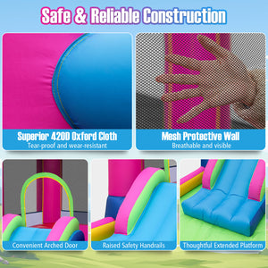 Collage of features of a colorful inflatable playground structure with text highlighting safety and reliability.