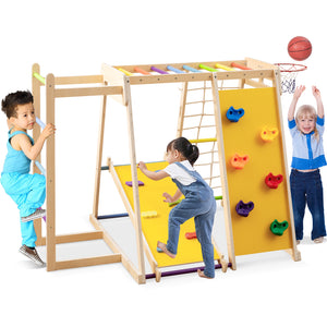 Indoor jungle gym with built-in basketball hoop for kids