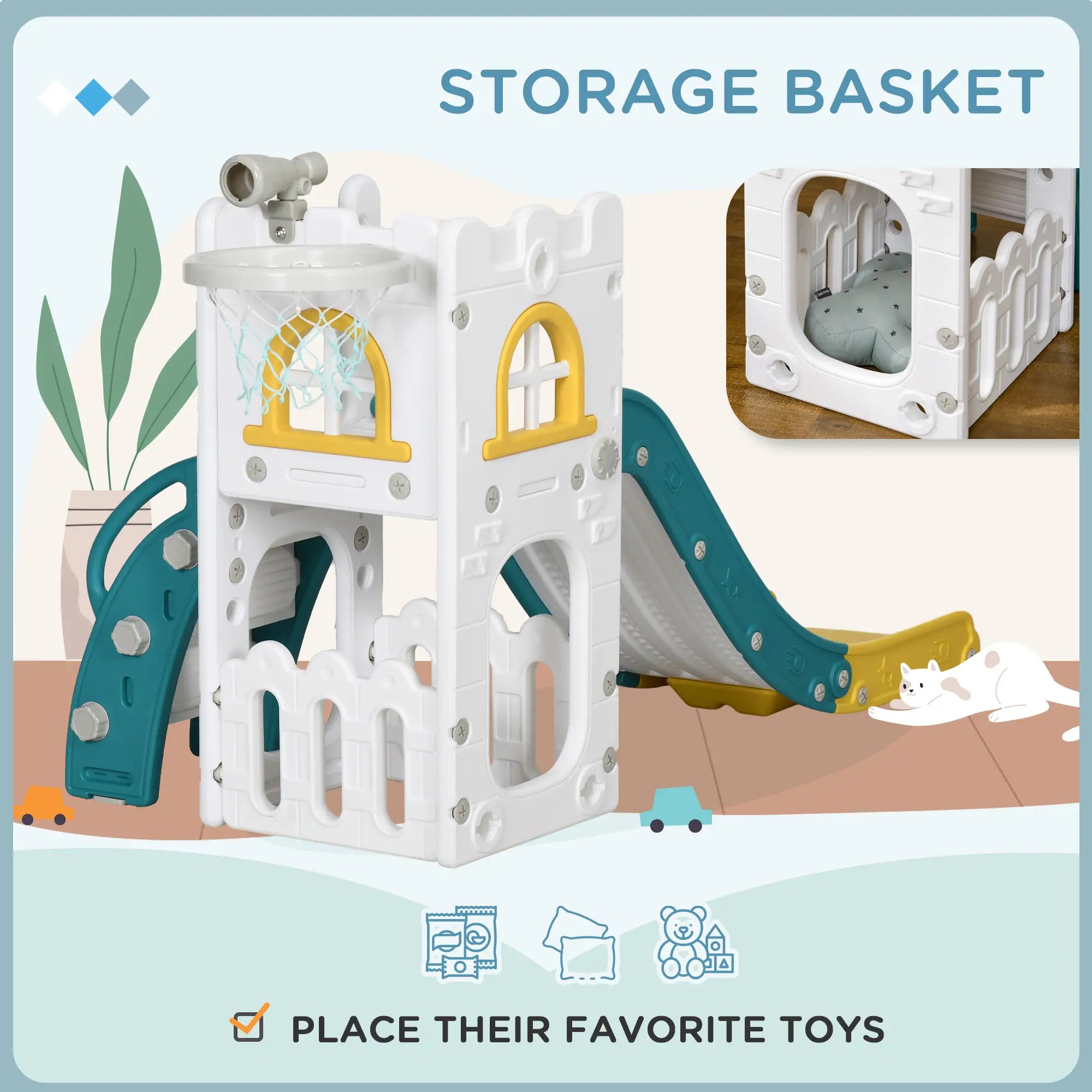 Children's play structure with slide and storage basket, featuring text 'Storage Basket' and 'Place their favorite toys'.