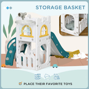 Children's play structure with slide and storage basket, featuring text 'Storage Basket' and 'Place their favorite toys'.